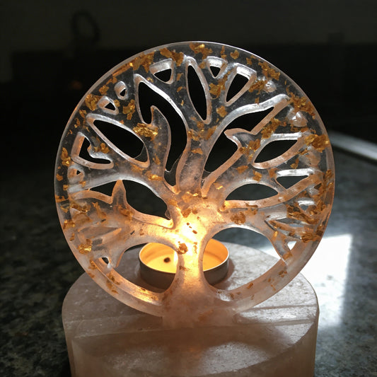 Porta-velas Árvore da Vida iluminado em resina branco perlado com detalhes dourados