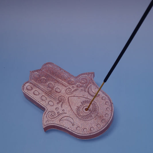 Porta Incenso Mão de Fátima Rosa Glitter – Proteção com Brilho e Elegância