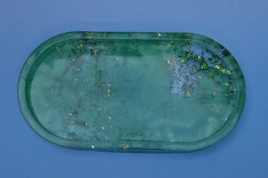 Bandeja Decorativa em Resina Verde com Folhas Douradas – 18x9x1,5 cm