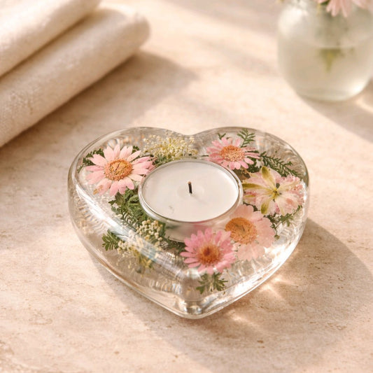 Porta velas coração com flores naturais secas em ambiente decorativo elegante