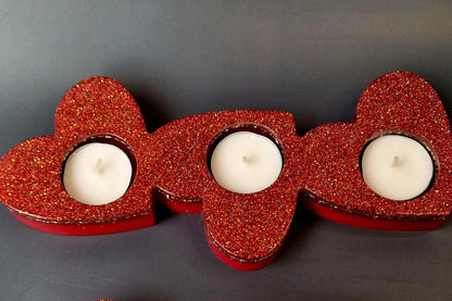 Porta-Velas Triplo em Forma de Coração – Glitter Vermelho e Dourado