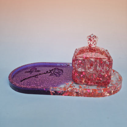 Conjunto Aura Rosé com tabuleiro roxo glitter e caixa decorativa rosé