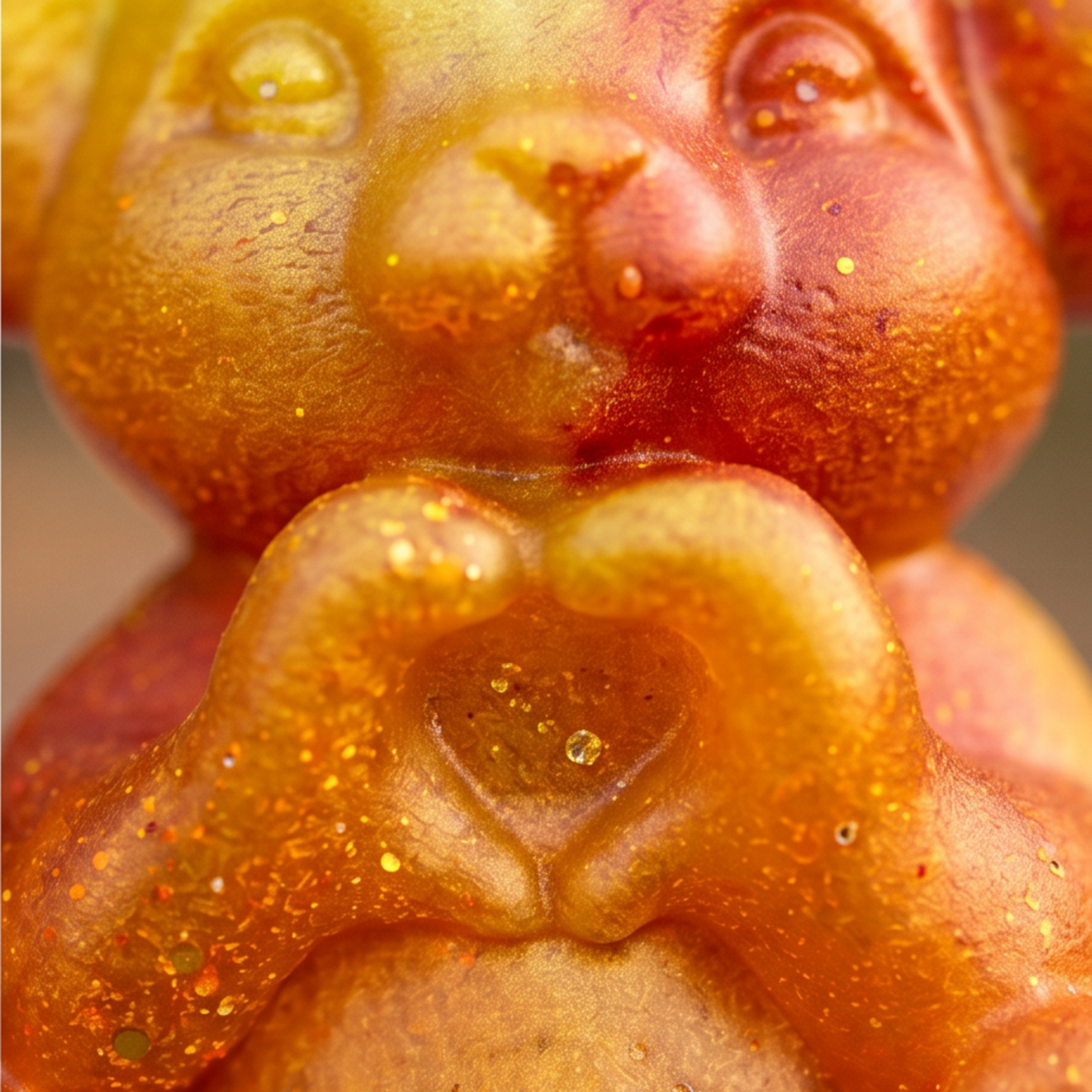 Detalhe do coração e acabamento brilhante do abre-garrafas Bunny Love em resina epóxi artesanal com pigmentos perolados.
