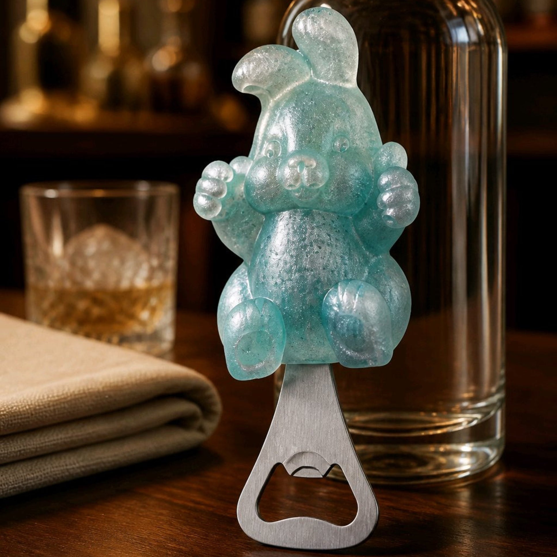 Abre-garrafas Bunny Joy em resina epóxi artesanal junto a uma bebida refrescante, acessório funcional e decorativo da Sweet Art.