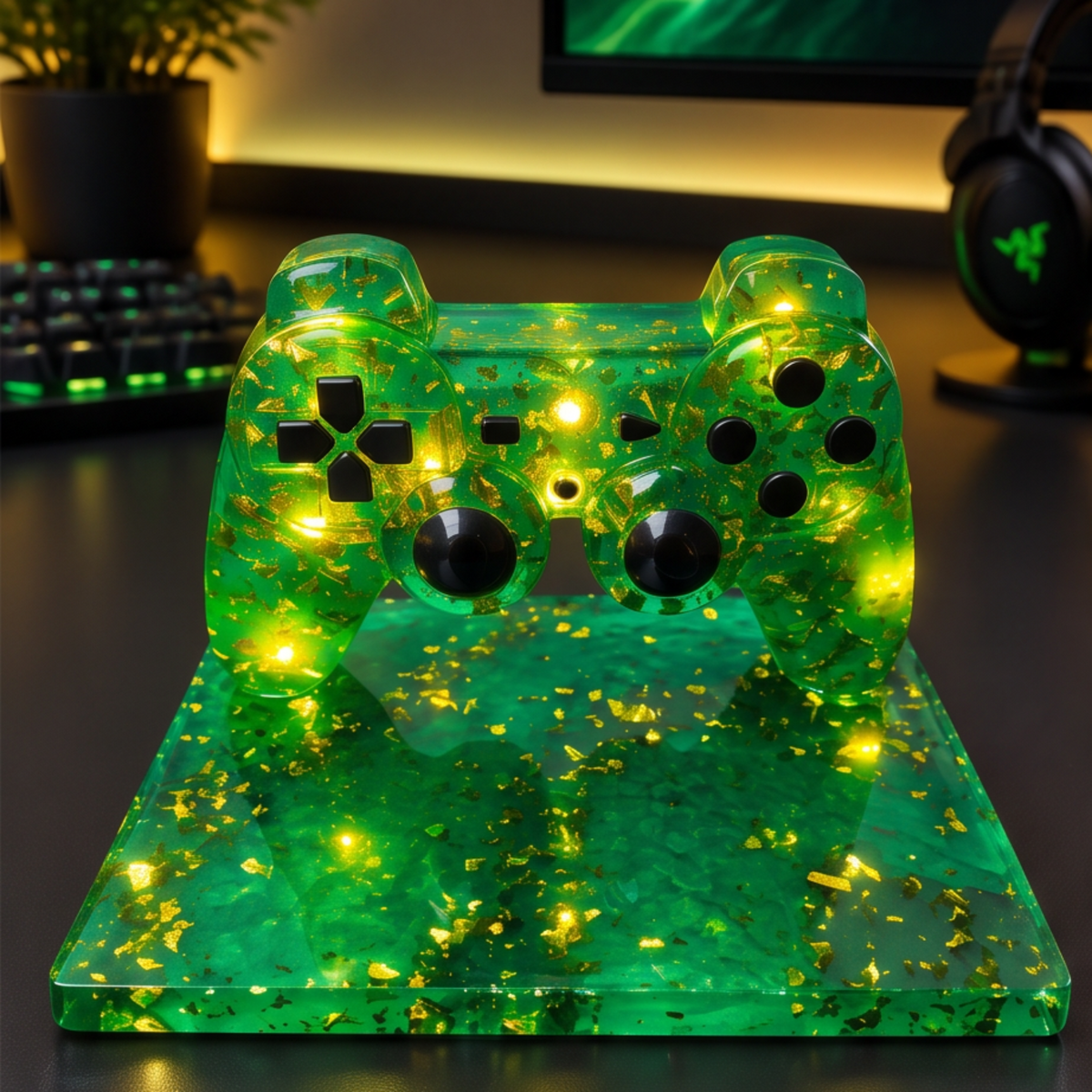 Luz de presença decorativa inspirada num comando PlayStation, em resina epóxi verde translúcida com detalhes dourados e iluminação LED sobre base decorativa – Sweet Art.