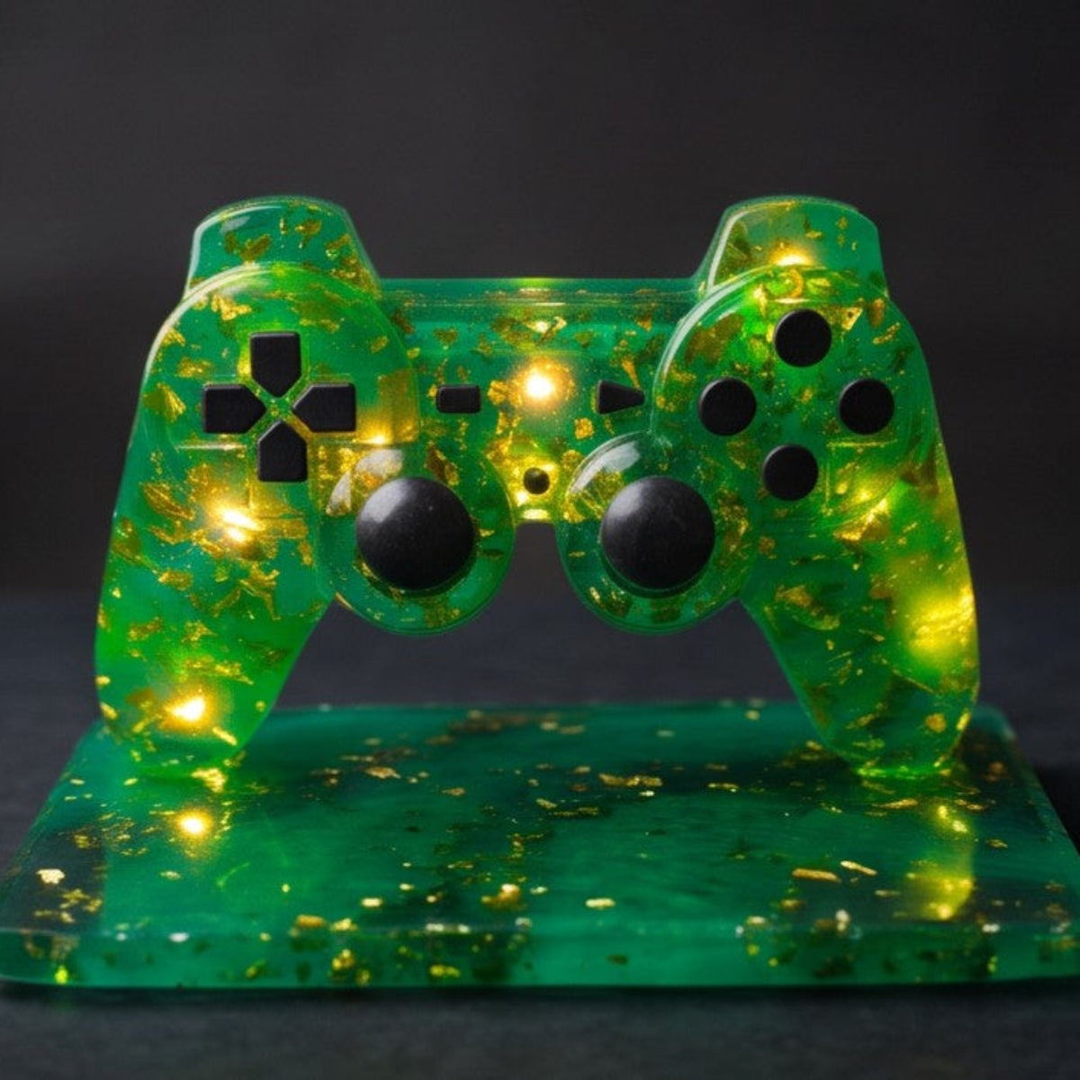 Pormenor da luz de presença decorativa inspirada num comando PlayStation, destacando os botões, os detalhes dourados e o acabamento translúcido verde em resina epóxi – Sweet Art
