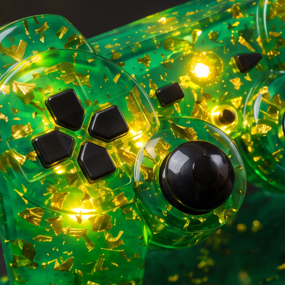 Pormenor da luz de presença decorativa inspirada num comando PlayStation, destacando os botões, os detalhes dourados e o acabamento translúcido verde em resina epóxi – Sweet Art.