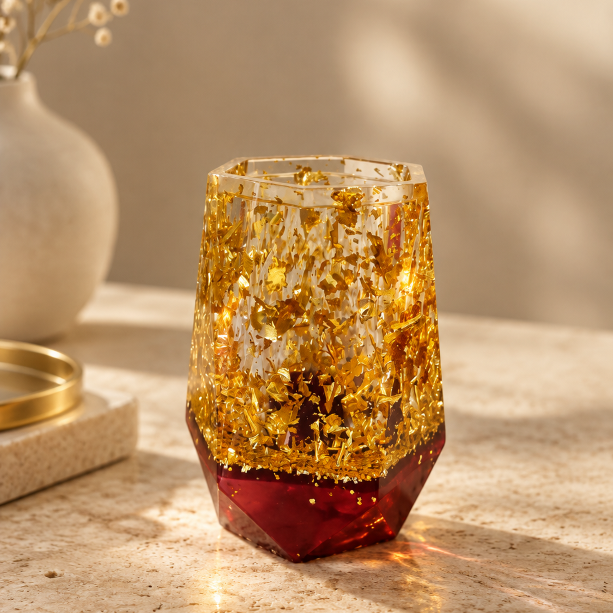 Conjunto de Casa de Banho Bordô e Dourado – Resina Epóxi
