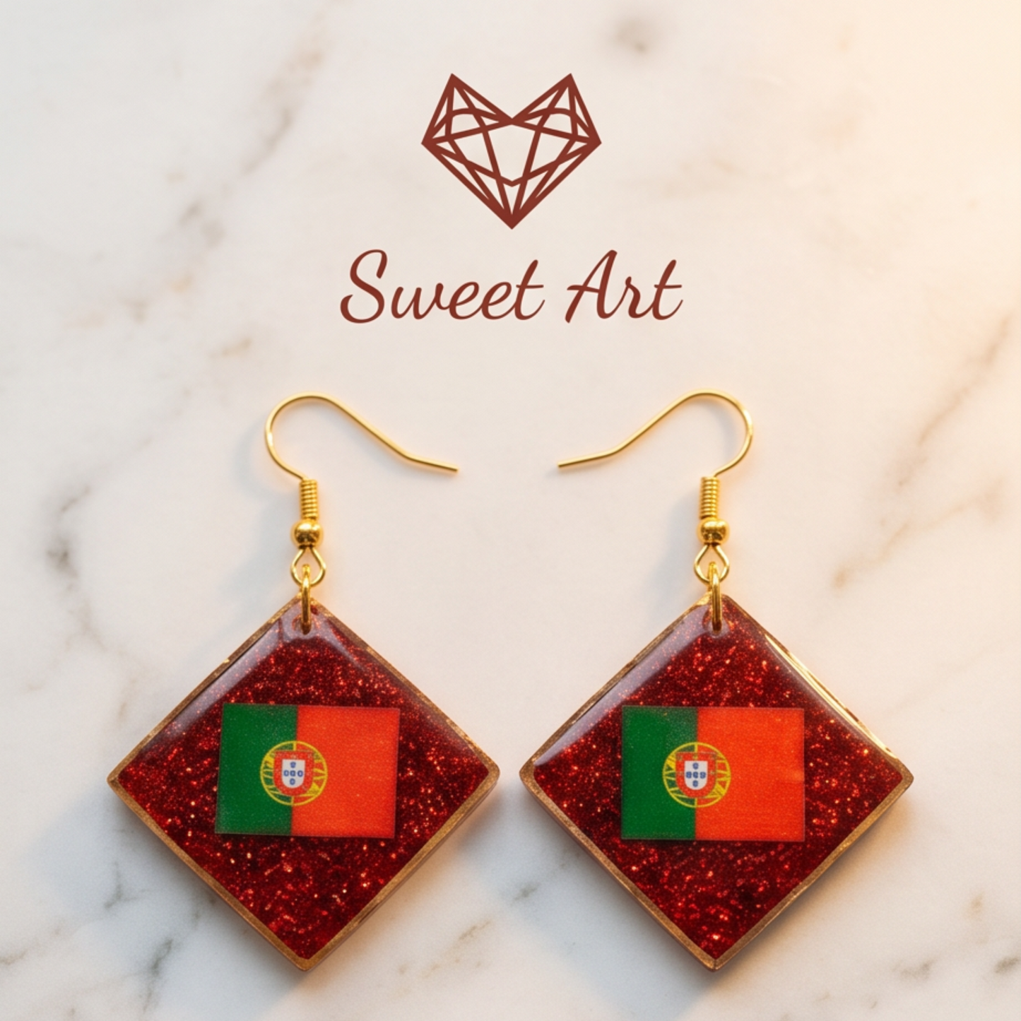 Brincos com Bandeira de Portugal em resina epóxi vermelha com brilho, edição limitada Mundial 2026 da Sweet Art.