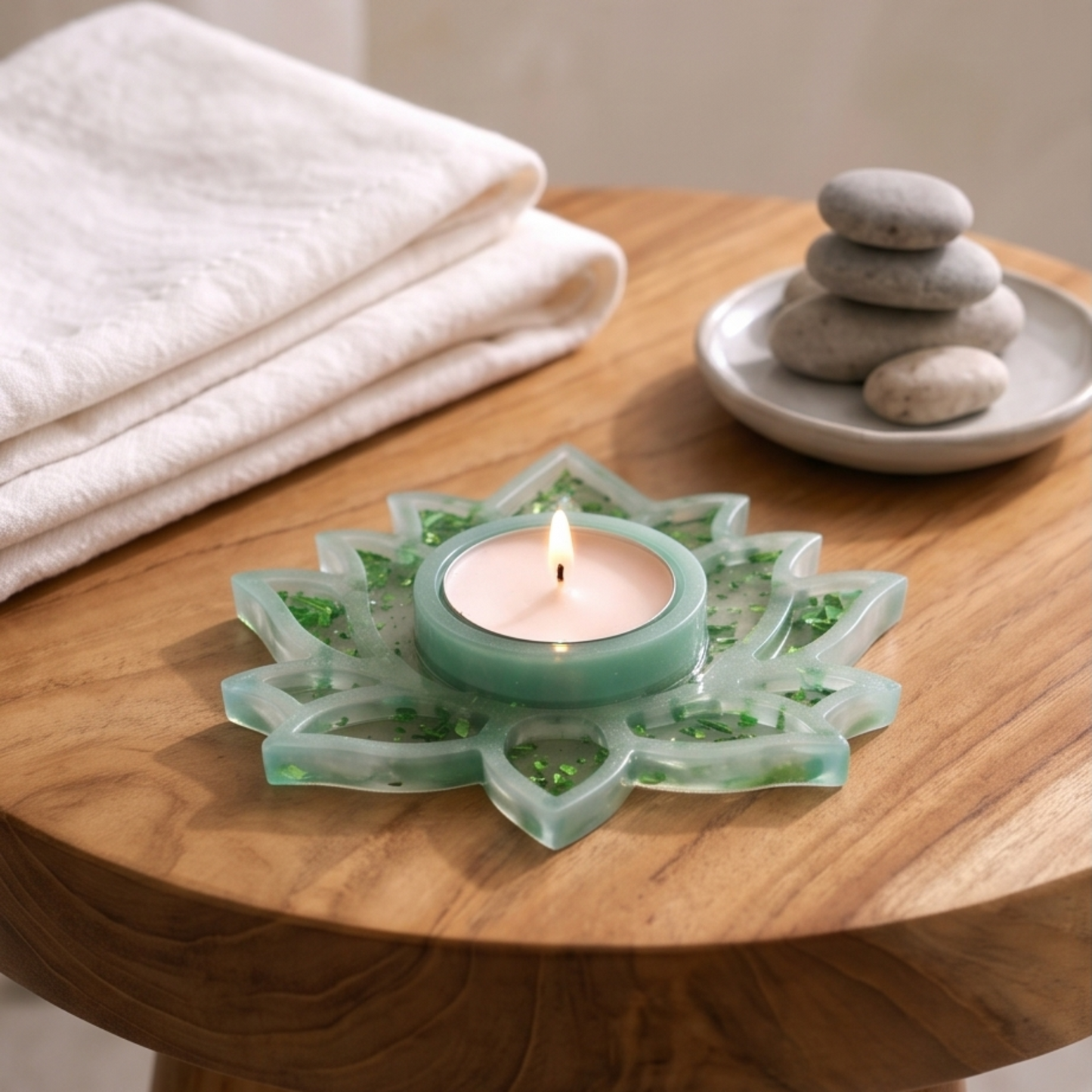 Porta-Velas Lótus em Resina verde suave