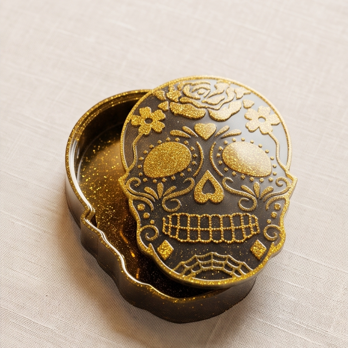 Caixa caveira aberta em resina epóxi preta e dourada aberta, com espaço para guardar doces e pequenas guloseimas, perfeita para uma decoração original de Halloween – Sweet Art.