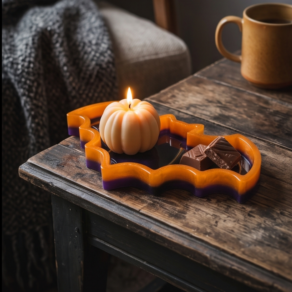 Tabuleiro decorativo em forma de morcego em resina epóxi, nas cores laranja, roxo e preto, com detalhes dourados, inspirado no Halloween.