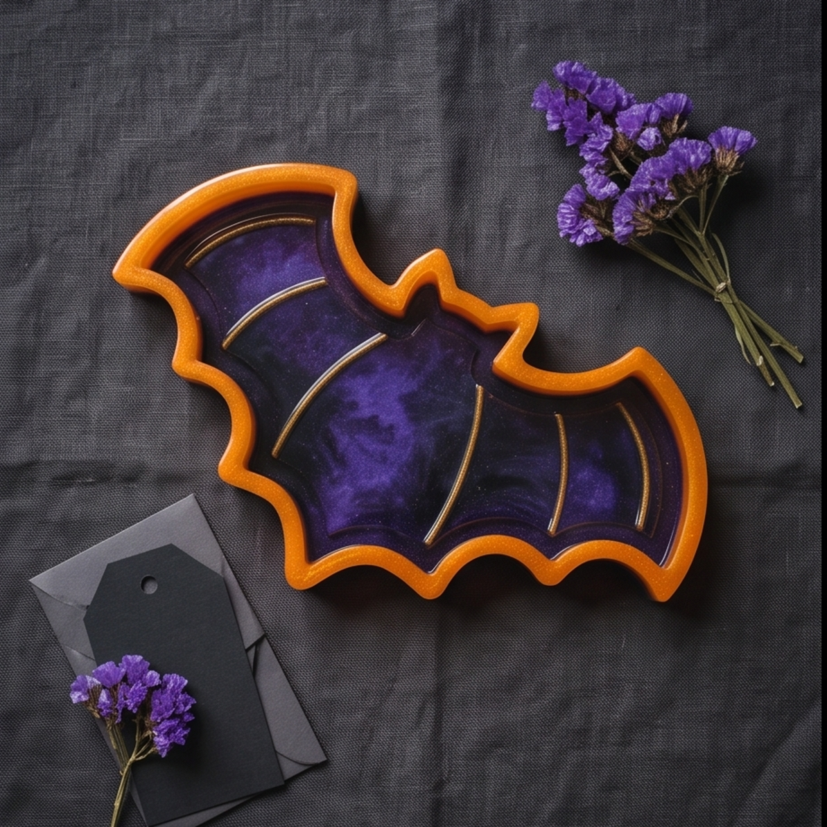 Tabuleiro decorativo morcego em resina epóxi nas cores laranja, roxo e preto, fotografado com flores roxas e acessórios, uma peça artesanal temática de Halloween.