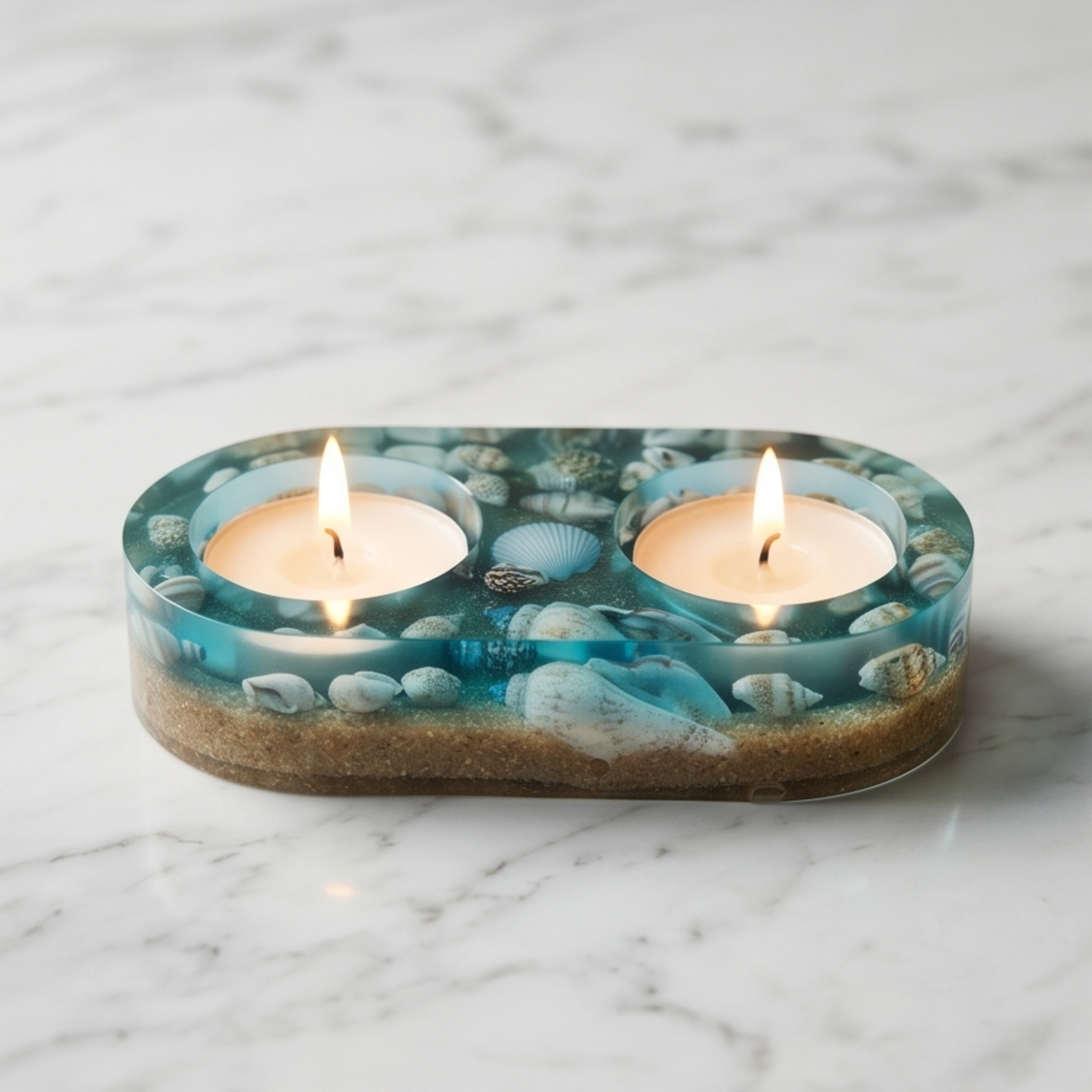 Suporte decorativo para 2 velas tealight com conchas e areia, peça artesanal de inspiração marinha para casa de banho