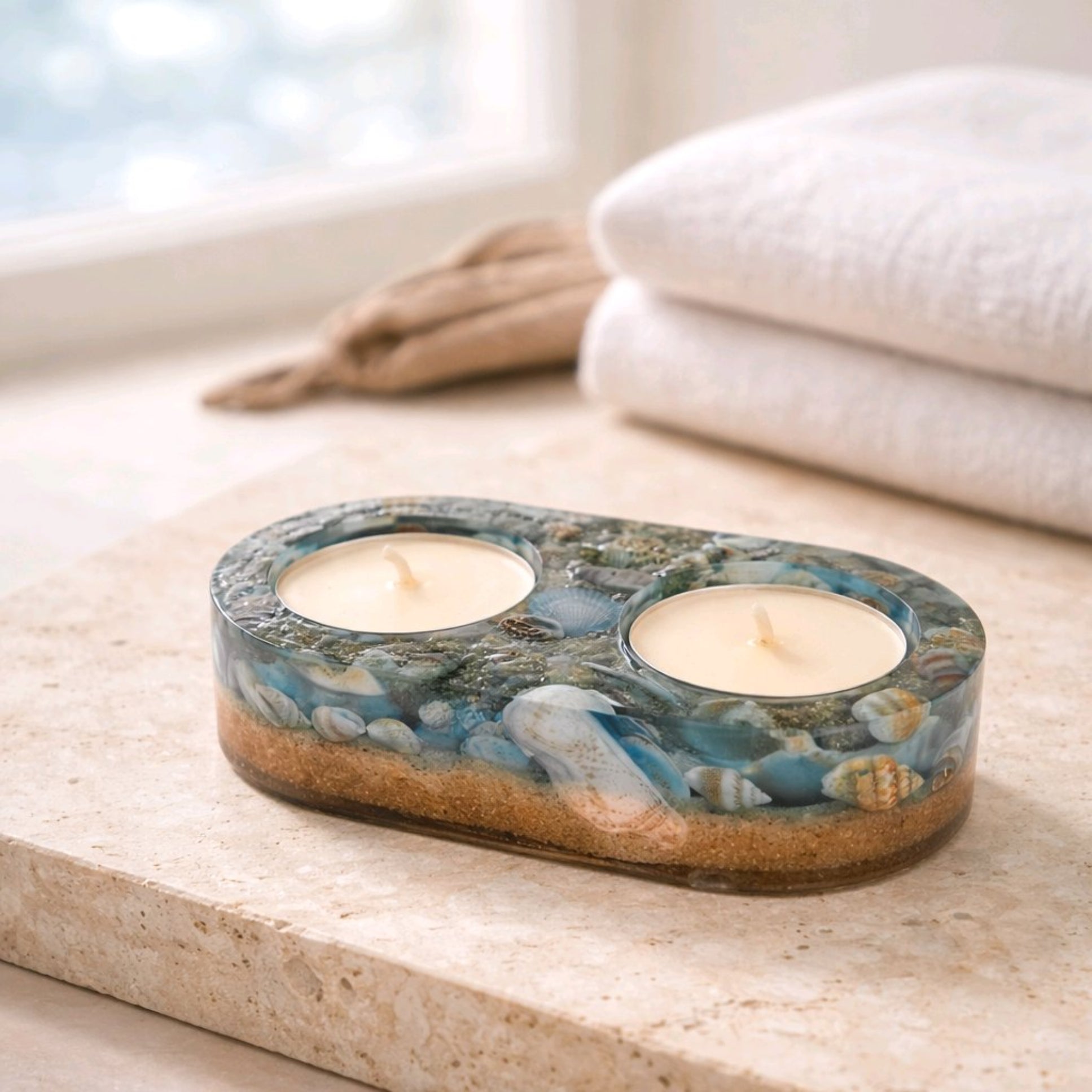 Suporte artesanal para 2 velas tealight com conchas e areia em resina azul, decoração costeira Ocean Breeze