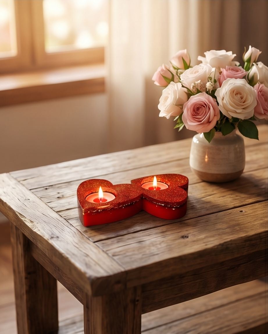 Porta-Velas Duplo em Forma de Coração – Glitter Vermelho e Dourado