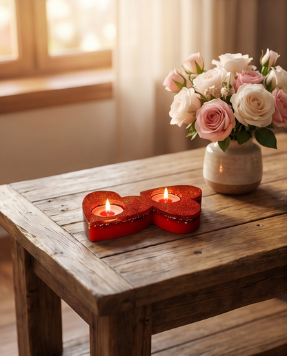 Porta-Velas Duplo em Forma de Coração – Glitter Vermelho e Dourado