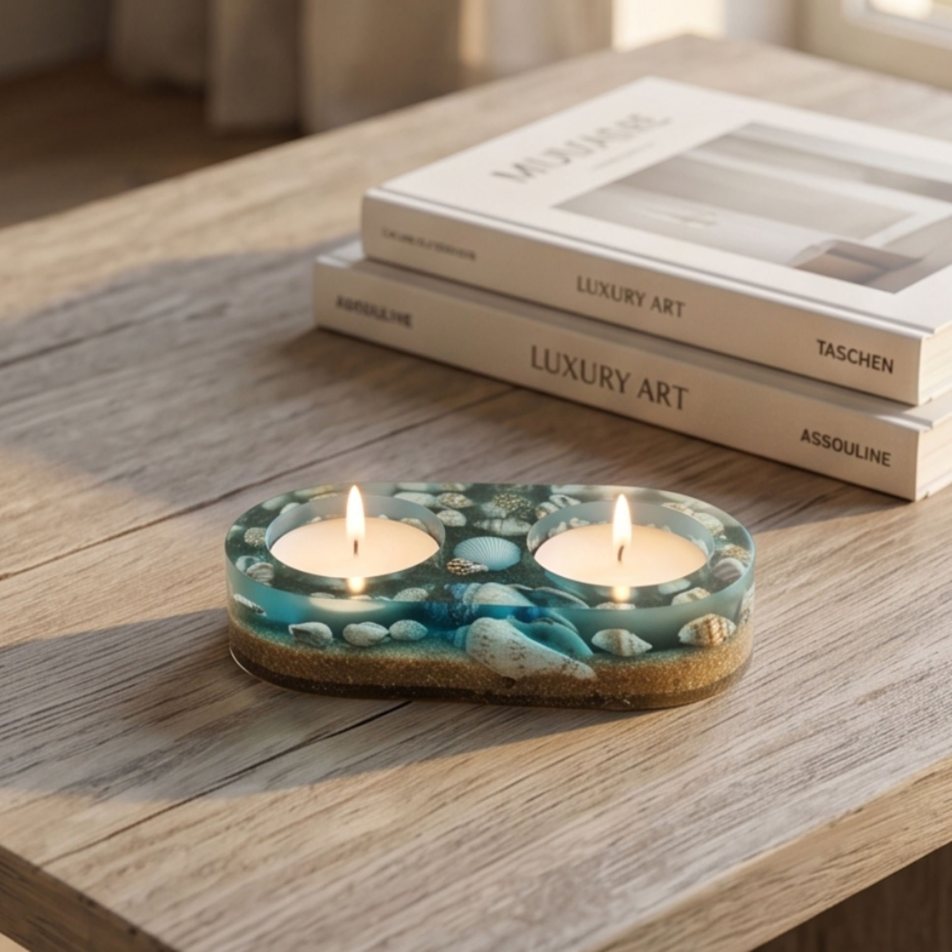 Suporte para 2 velas tealight em resina com conchas e areia, estilo marinho Ocean Breeze, com velas acesas sobre mesa de madeira