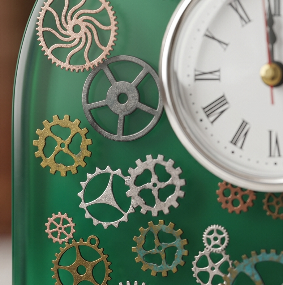 Relógio Decorativo em Resina Verde com Rolamentos Metálicos