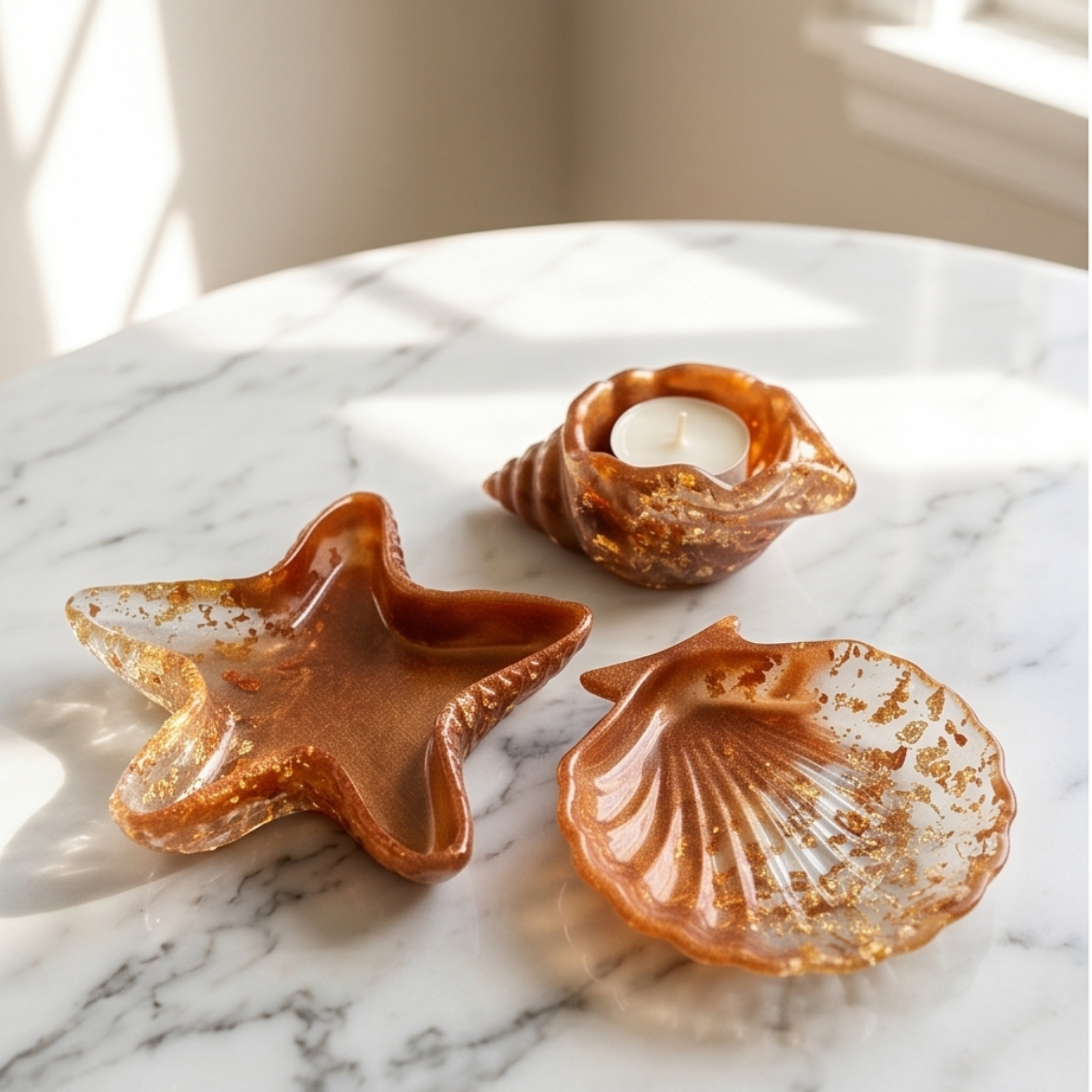 Conjunto de 3 peças decorativas em resina caramelo com estrela-do-mar, concha e búzio sobre superfície de mármore