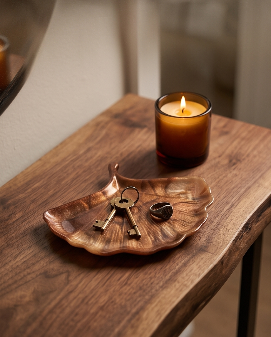 Ginkgo Âmbar Dourado – Prato Decorativo em Resina Epóxi