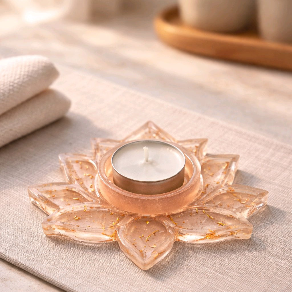 Porta-Velas Lótus em Resina com Folha Cobreada