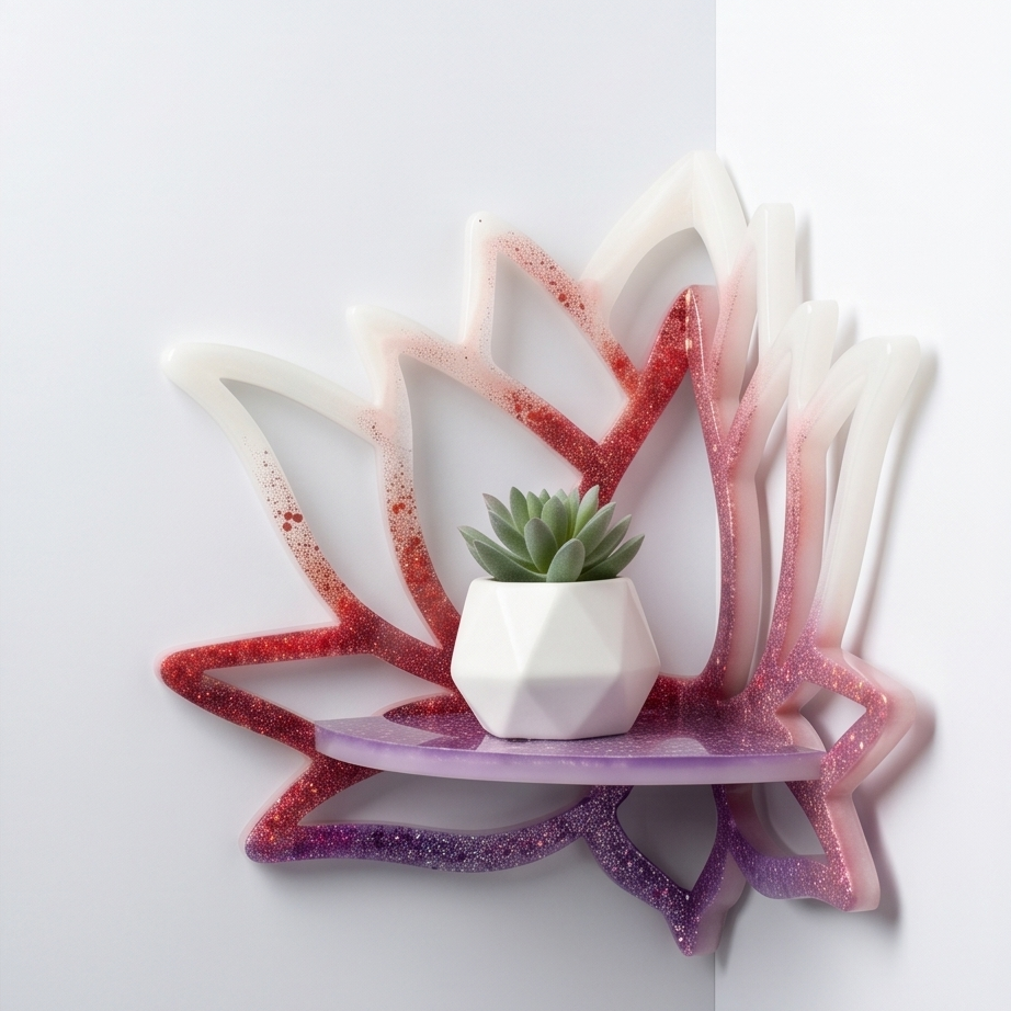 Prateleira de canto flor de lótus em resina com planta decorativa