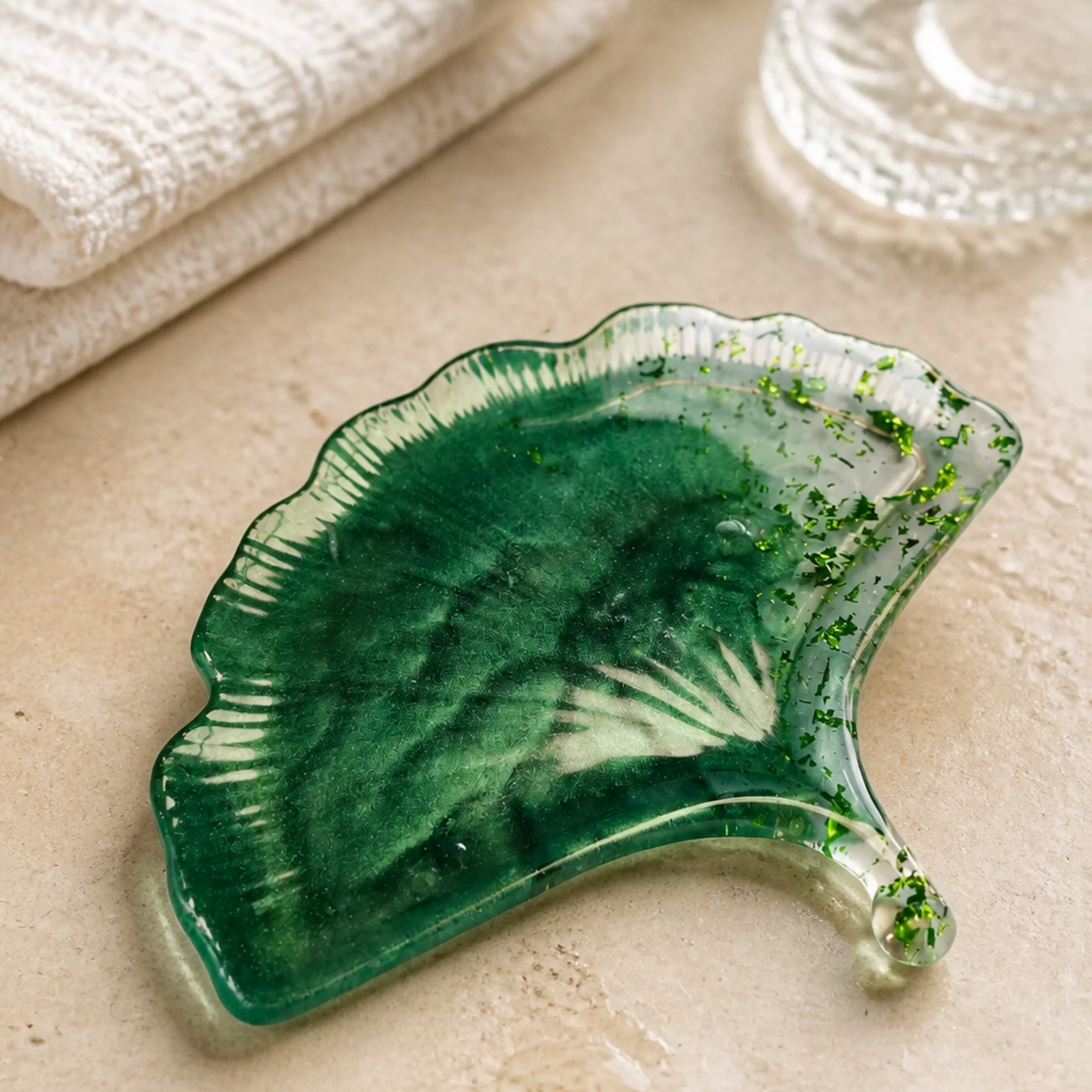 Prato decorativo Ginkgo Esmeralda em resina epóxi sobre bancada, ideal para organizar joias e pequenos acessórios.