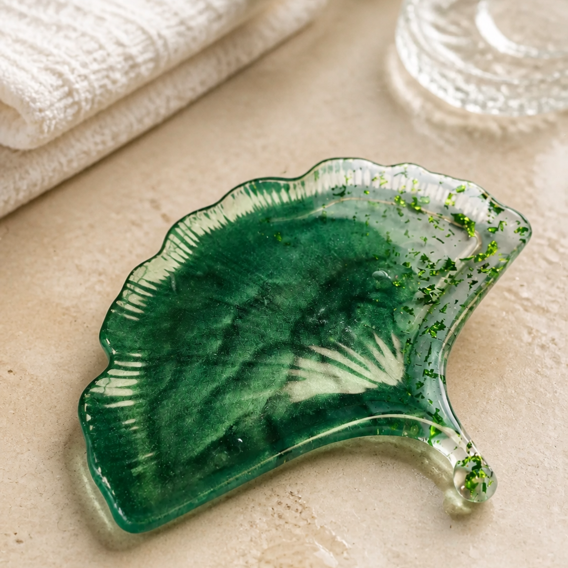 Prato decorativo Ginkgo Esmeralda em resina epóxi sobre bancada, ideal para organizar joias e pequenos acessórios.