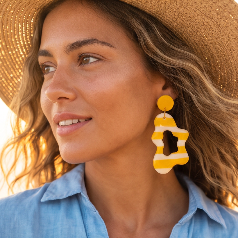 Modelo a usar brincos artesanais em argila polimérica Brisa Amarelo da Sweet Art