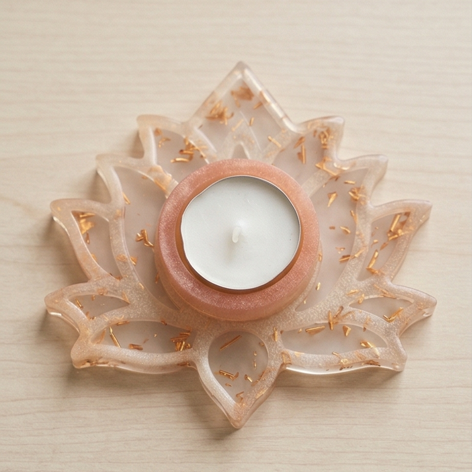 Porta-Velas Lótus em Resina com Folha Cobreada