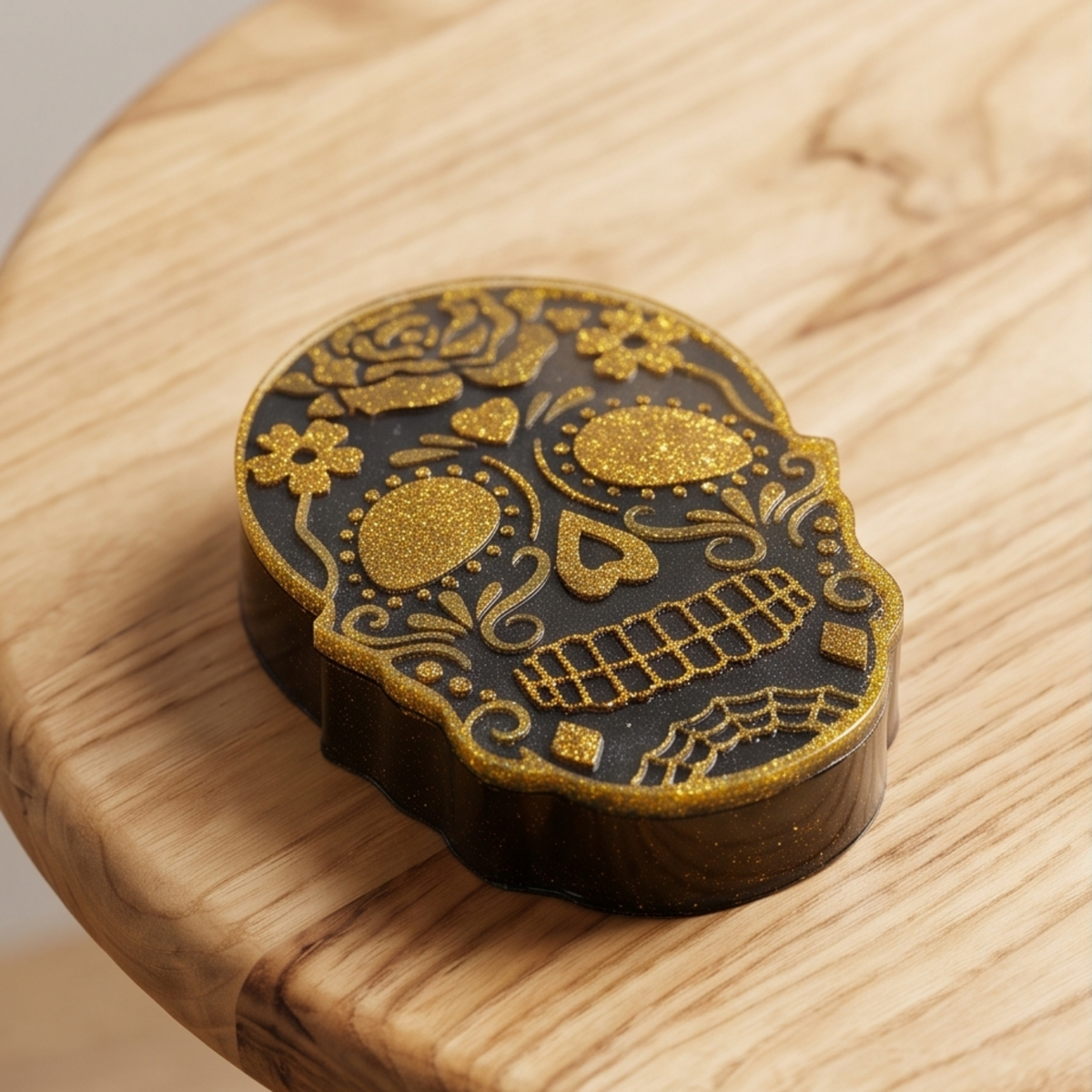 Caixa decorativa em forma de caveira mexicana, em resina epóxi preta com detalhes dourados, ideal para guardar pequenos acessórios e objetos pessoais – Sweet Art.