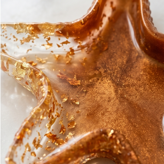 Detalhe de peça em forma de estrela-do-mar em resina caramelo com efeito marmorizado e flocos dourados