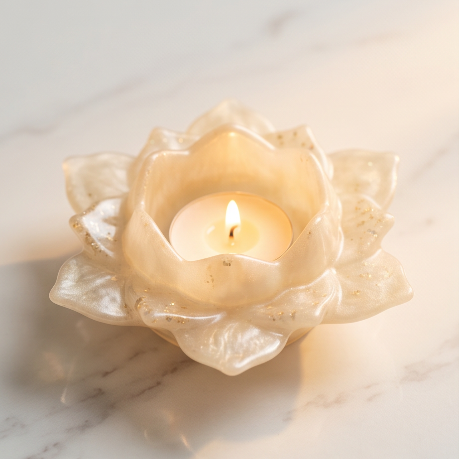 Porta-velas decorativo flor de lótus branco perlado com folha de prata iluminado por vela tealight.