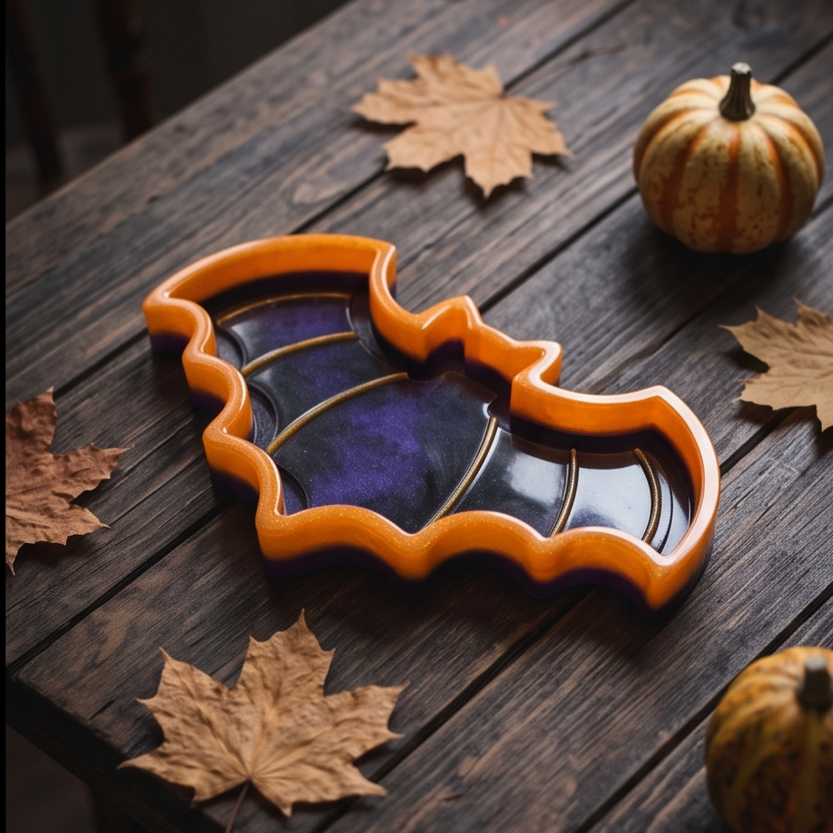 Tabuleiro decorativo em forma de morcego em resina epóxi, nas cores laranja, roxo e preto, com detalhes dourados, inspirado no Halloween.