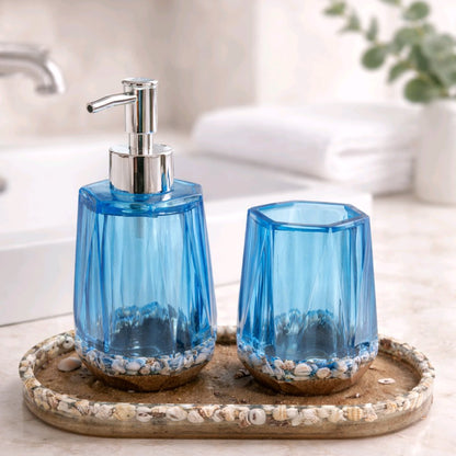 Conjunto completo com doseador, copo e tabuleiro decorativo com efeito praia em resina azul