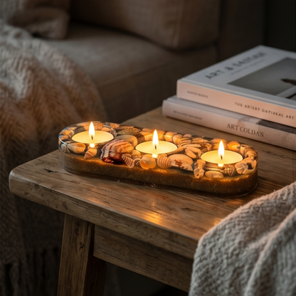 Suporte para 3 velas tealight com conchas e velas acesas criando ambiente acolhedor