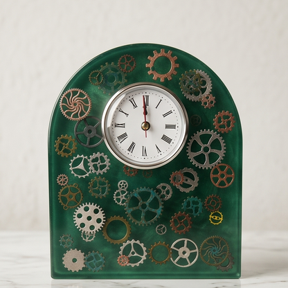 Relógio Decorativo em Resina Verde com Rolamentos Metálicos