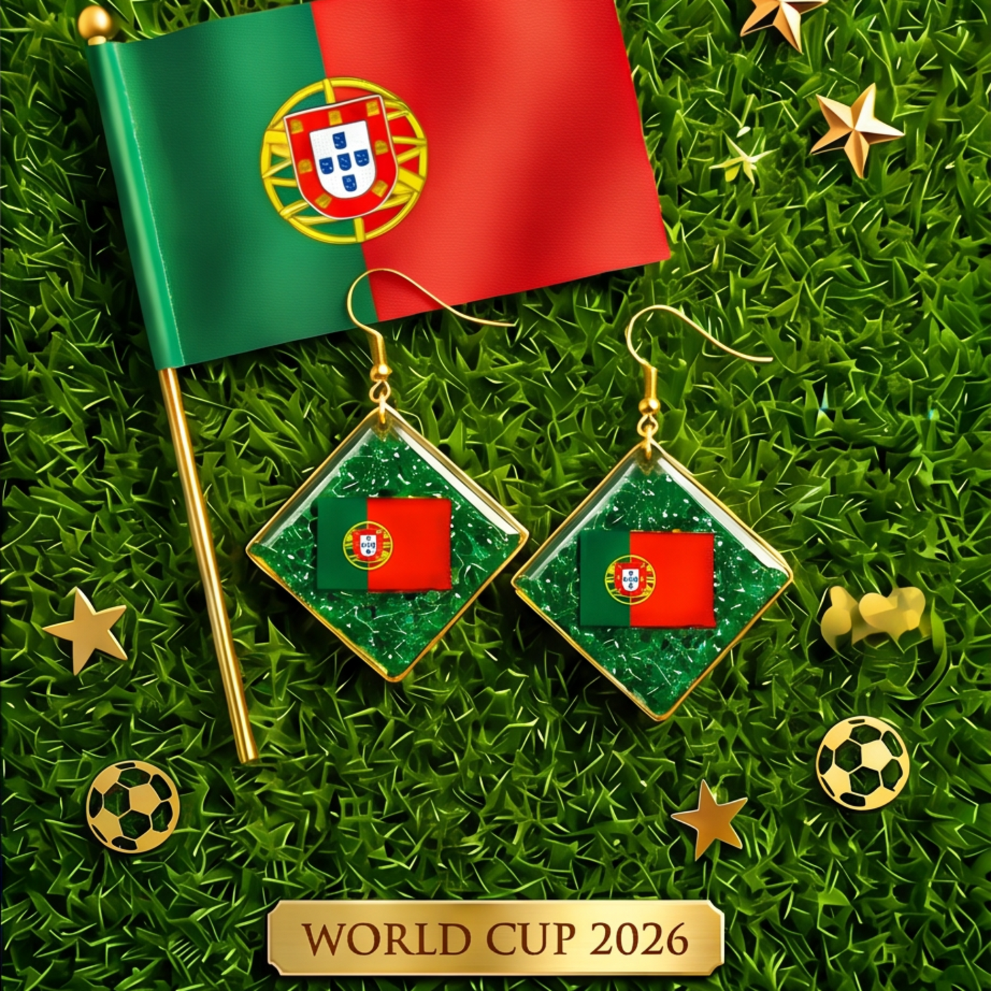 Brincos com Bandeira de Portugal em resina epóxi verde sobre relva com bandeira portuguesa, edição limitada Sweet Art para o Mundial 2026.