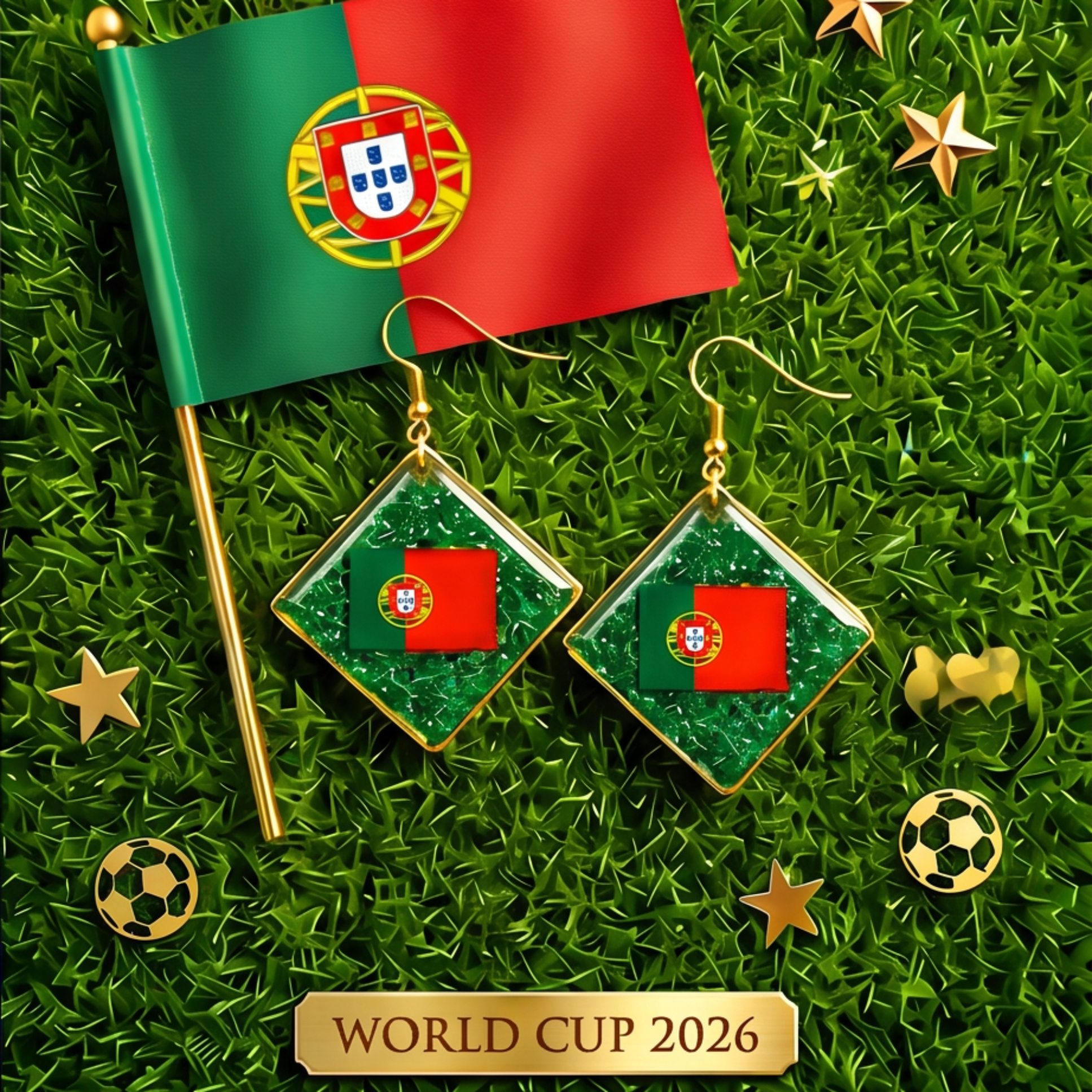 Brincos com Bandeira de Portugal em resina epóxi verde sobre relva com bandeira portuguesa, edição limitada Sweet Art para o Mundial 2026.